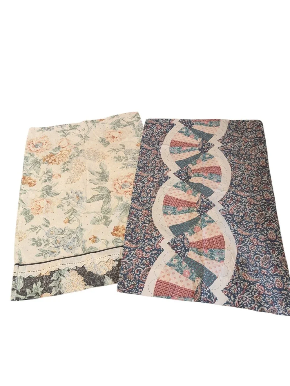 Vintage Floral & Quilted Patchwork Pillowcase Set Lot of 2 Cottagecore Farmhouse